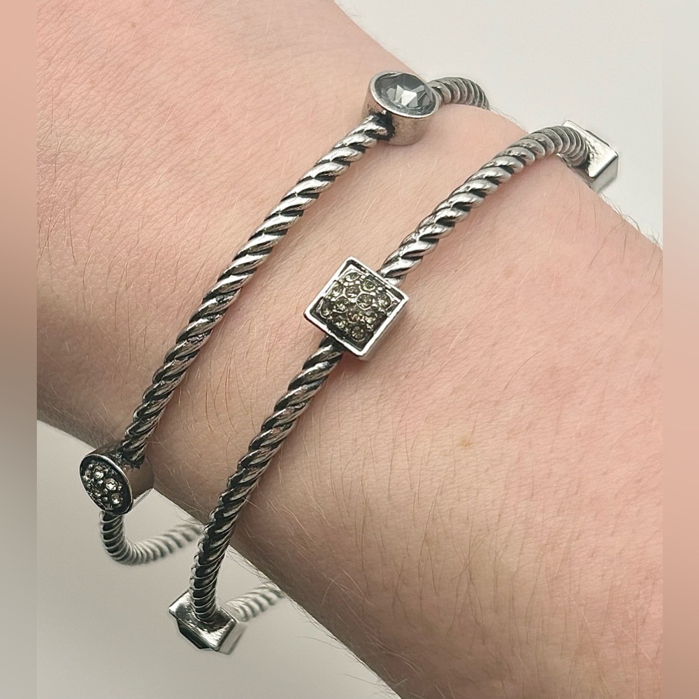 2 Silver Tone Twisted Bangle Bracelets with Gray Accents